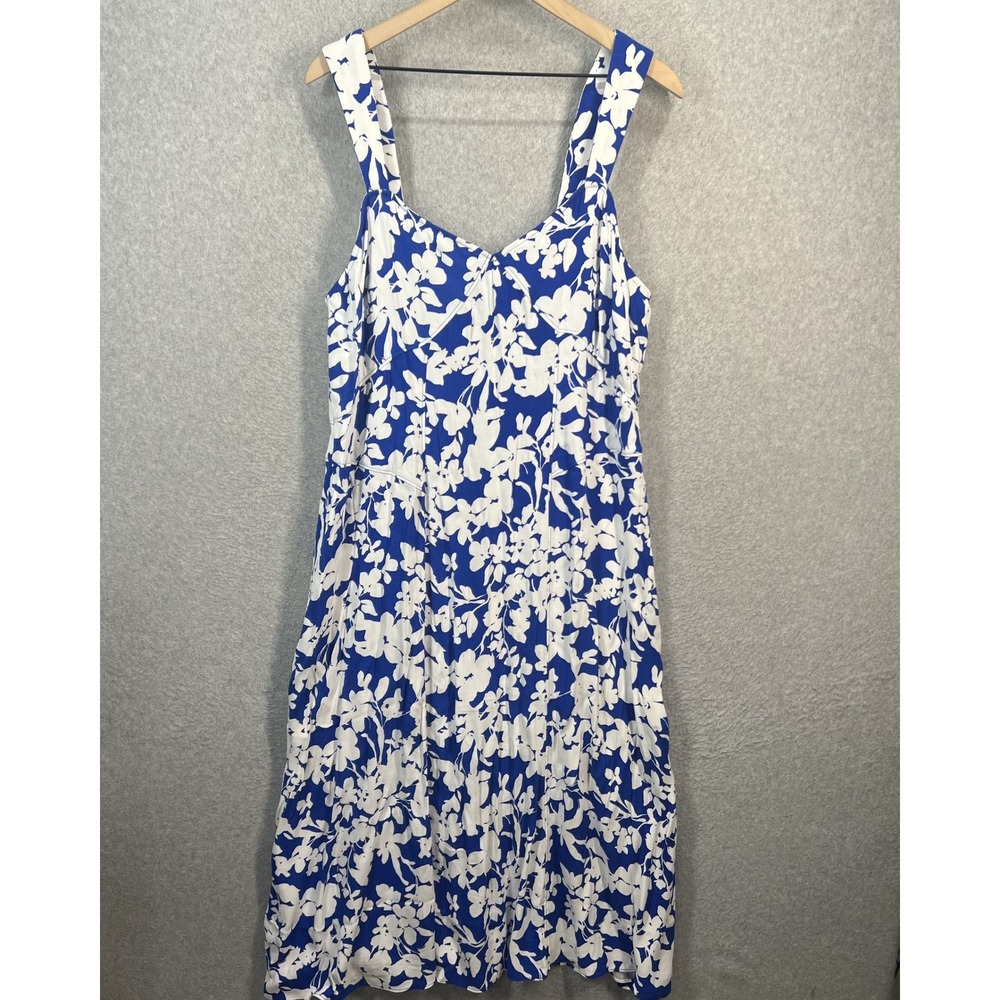 LOFT Blue White Floral Midi Dress Wide Strap‎ V-Neck 36592401 Size 14